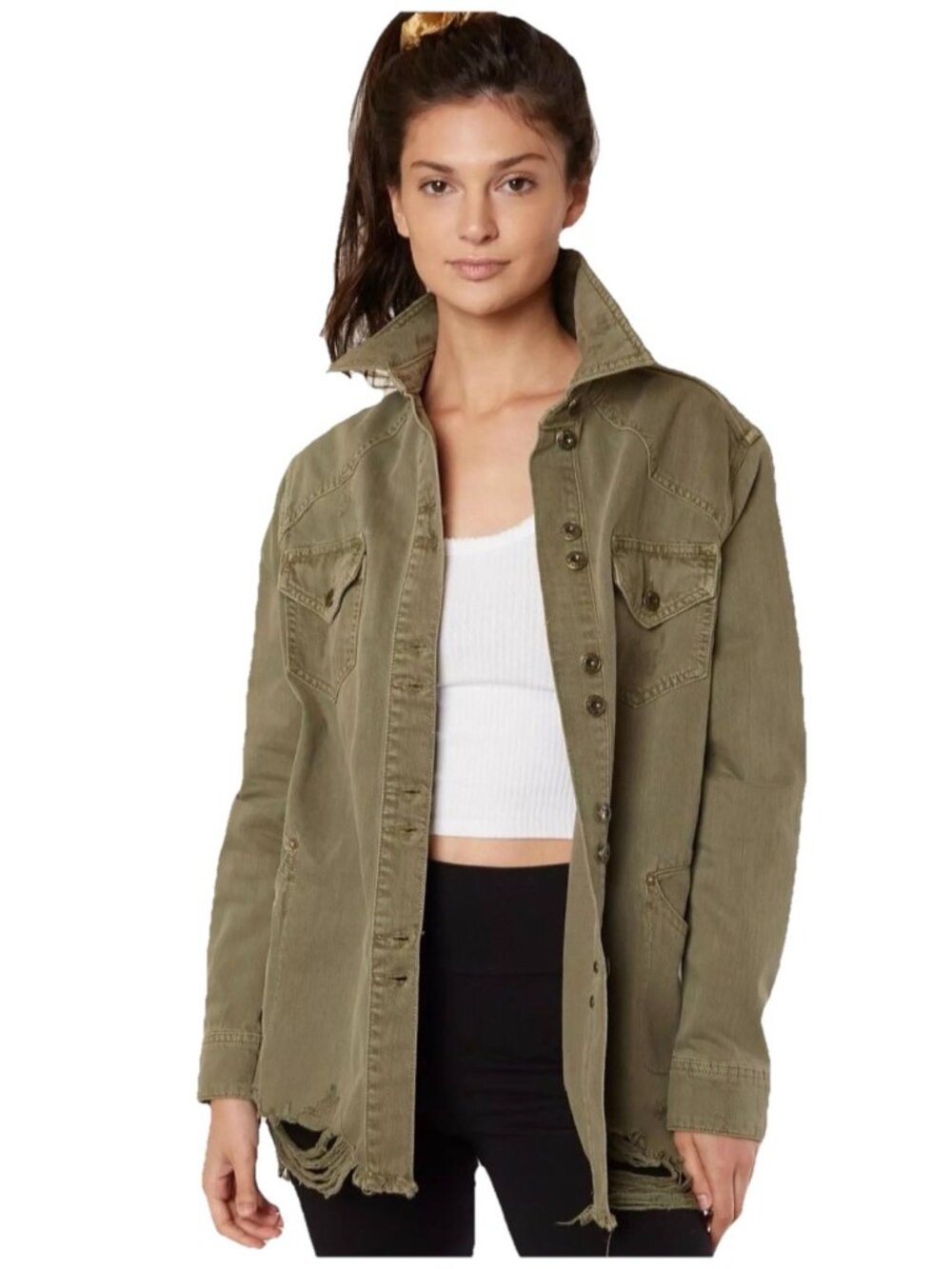Free People Moonchild Denim Shirt Jacket Military Green Disstresed Women M